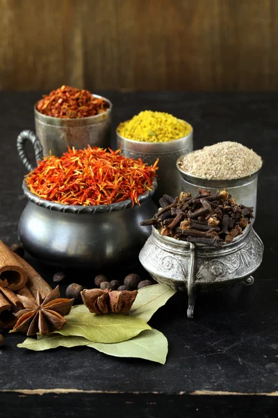 Collection of various spices (paprika, turmeric, pepper, aniseed, cinnamon, saffron) — Stock Photo, Image