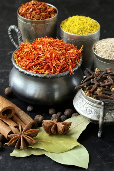 Collection of various spices (paprika, turmeric, pepper, aniseed, cinnamon, saffron) — Stock Photo, Image