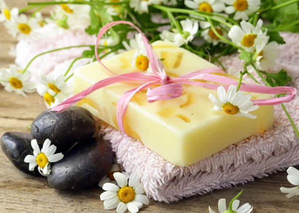 Ručně vyráběné mýdlo s květinami na ekologické pozadí — Stock fotografie