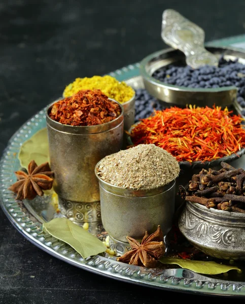 Collection of various spices (paprika, turmeric, pepper, aniseed, cinnamon, saffron) — Stock Photo, Image