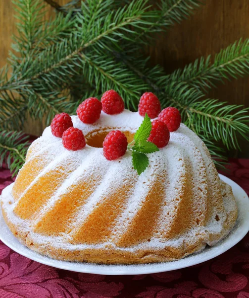 Christmas round sponge cake with raspberries — Stock Photo, Image