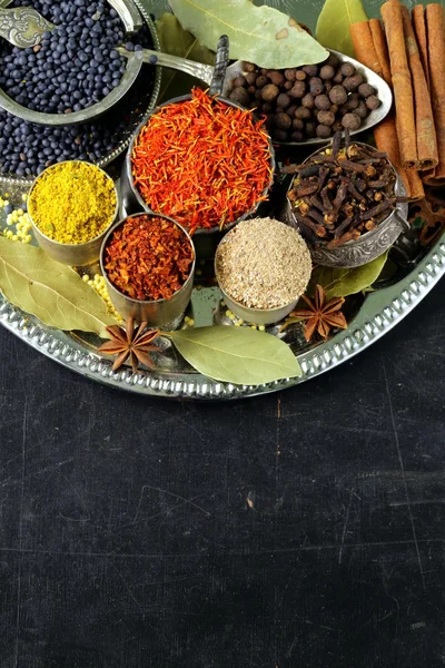 Innsamling av forskjellige krydder (paprika, gurkemeie, pepper, anis, kanel, safran ) – stockfoto