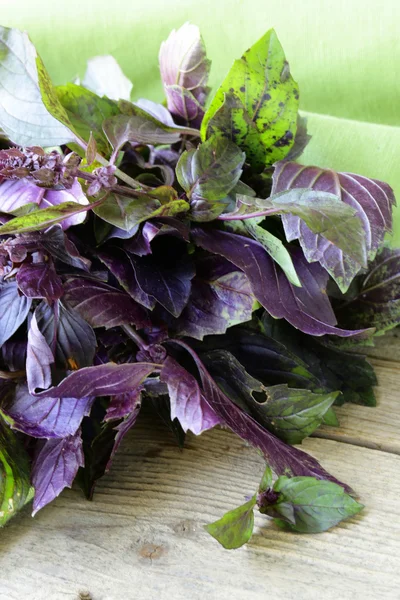 Bunch of purple basil on a wooden table