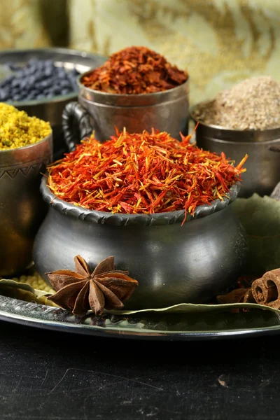 Collection of various spices (paprika, turmeric, pepper, aniseed, cinnamon, saffron) — Stock Photo, Image