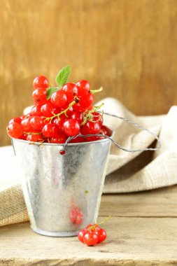 ahşap bir masa üzerinde organik olgun kırmızı kuş üzümü