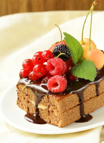 Chocolate cake z owoców (maliny, porzeczki, wiśnia) i sosem czekoladowym — Zdjęcie stockowe
