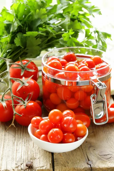 Snack tomatoes pickled with herbs and spices — Stock Photo, Image