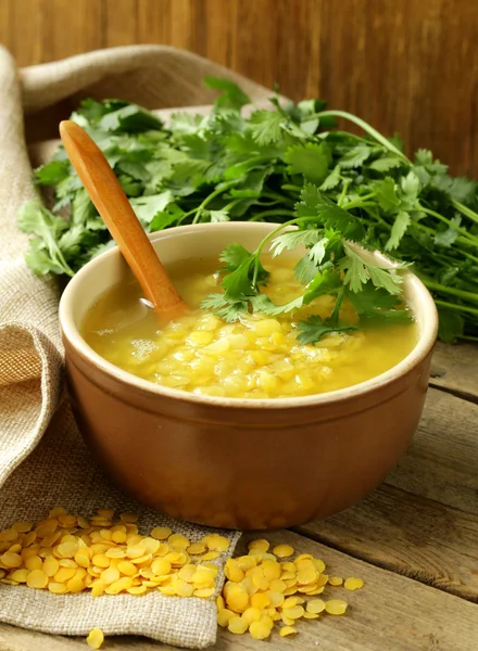 Sopa de lentilha amarela com coentro verde — Fotografia de Stock