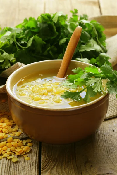 Yellow lentil soup with green coriander — Stock Photo, Image