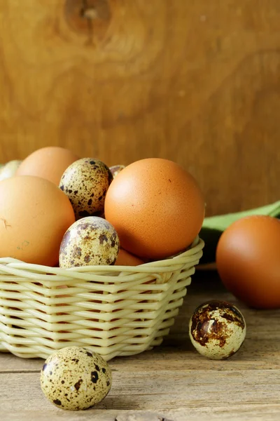 Organic fresh eggs on a wooden table — Stock Photo, Image