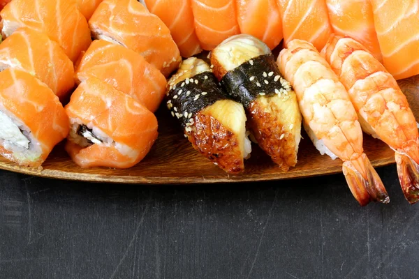 Assorted sushi with salmon, shrimp and eel - traditional Japanese food — Stock Photo, Image