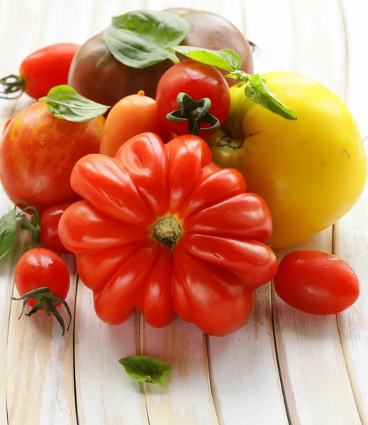 Eri lajikkeiden tomaatti basilika puinen pöytä — kuvapankkivalokuva