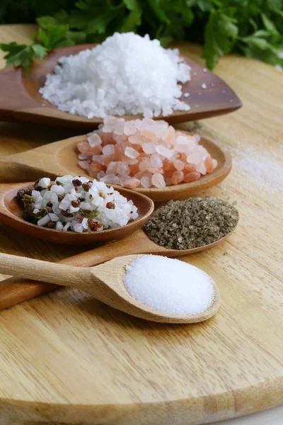 Different types of salt (pink, sea, black, and with spices) — Stock Photo, Image