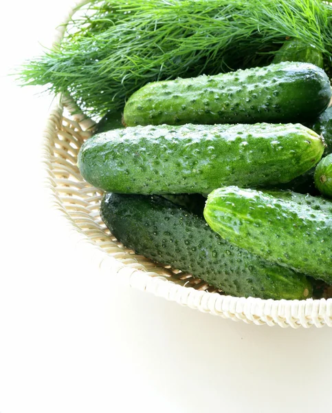 Verse groene komkommers in een rieten mand — Stockfoto