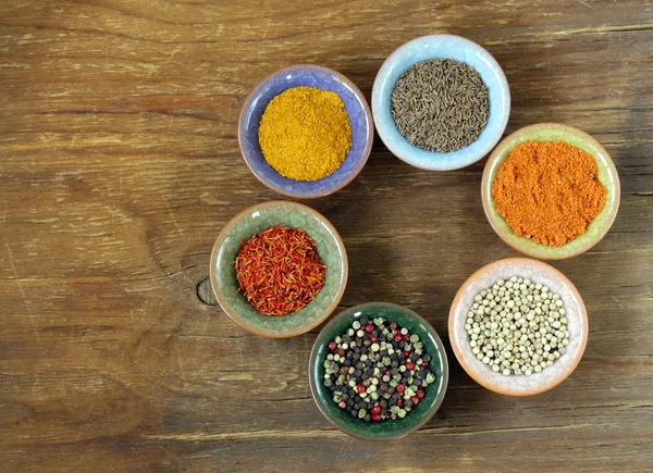 Different kinds of spices in ceramic bowls — Stock Photo, Image