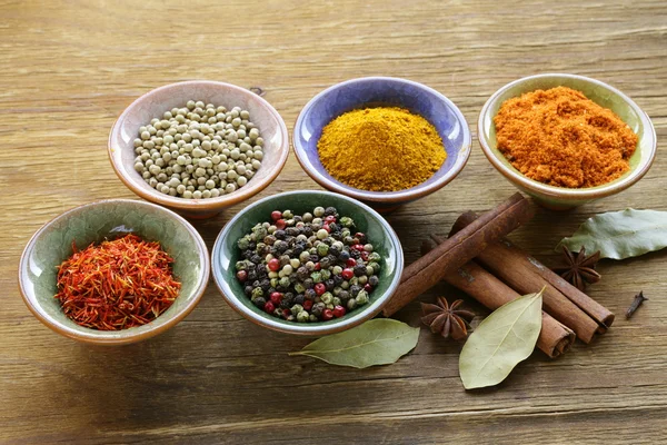 Different kinds of spices in ceramic bowls — Stock Photo, Image