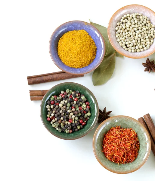 Different kinds of spices in ceramic bowls — Stock Photo, Image