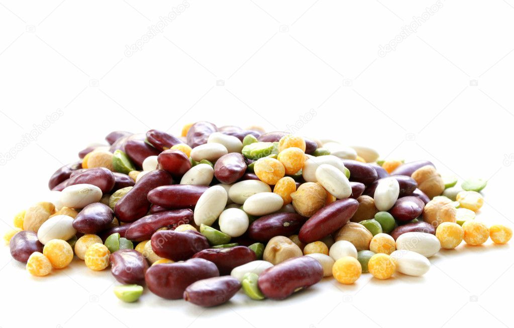 Assortment of different types of beans - red beans, chickpeas, peas