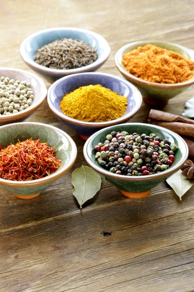 Different kinds of spices in ceramic bowls — Stock Photo, Image