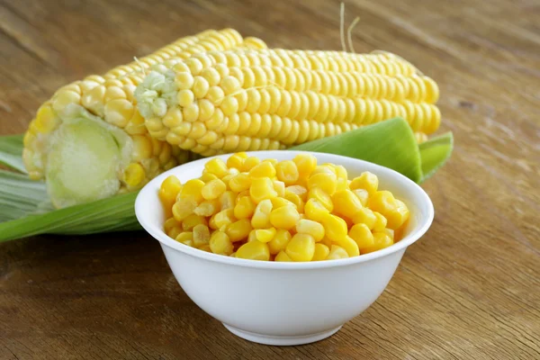 Canned corn in a bowl, and fresh cobs