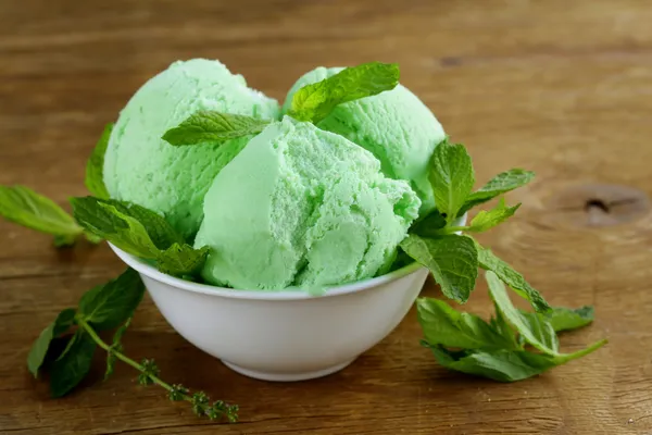 Bolinhas de sorvete de hortelã com erva verde fresca — Fotografia de Stock