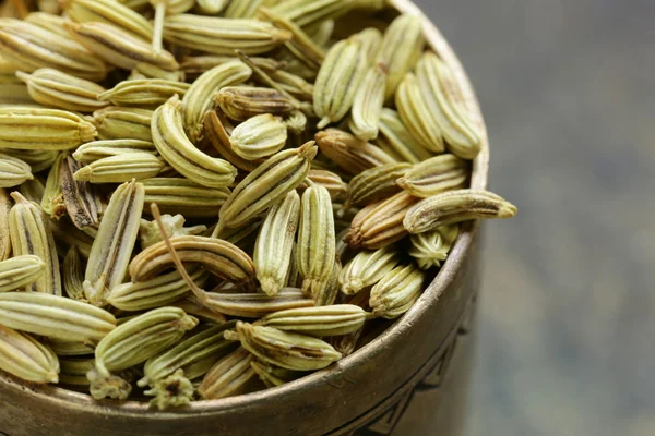Macro shot semillas de hinojo, condimento aromático de especias —  Fotos de Stock