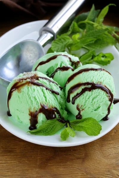 Balls mint ice cream with fresh green herb — Stock Photo, Image