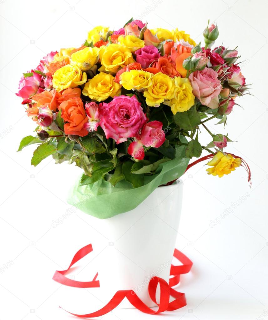 Different color roses (yellow, red, pink)