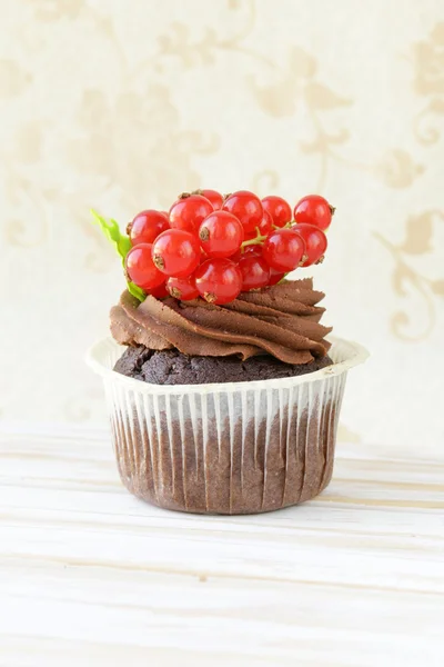 Pastel de chocolate con grosella roja en el paisaje romántico — Foto de Stock