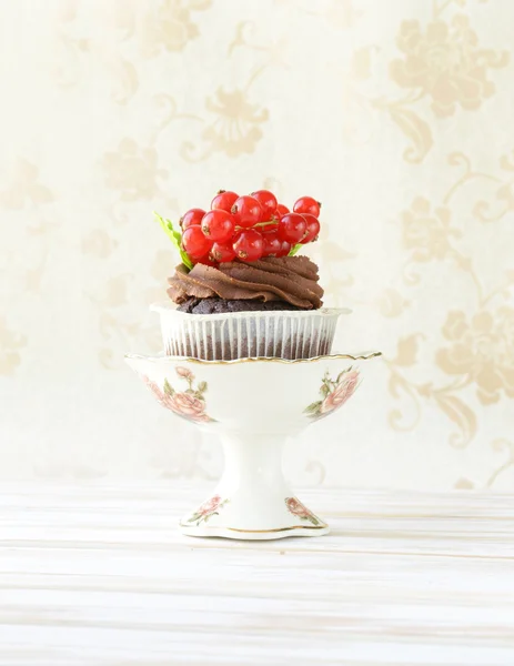 Chocolade cupcake met rode bessen in het romantische landschap — Stockfoto