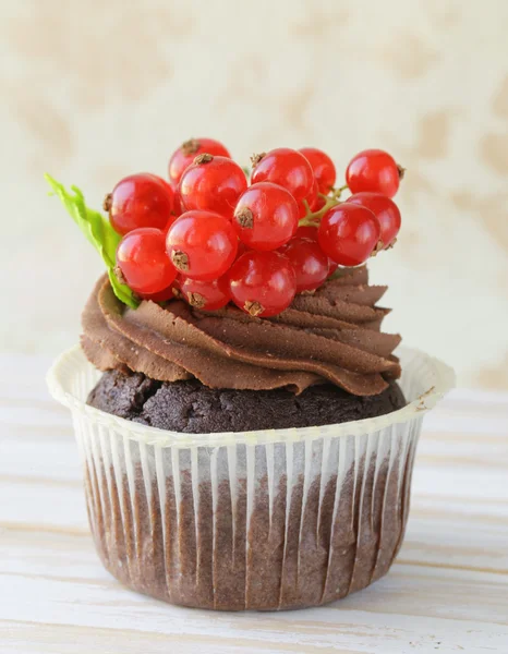 Chocolate Cupcake with red currant in the romantic scenery — Stock Photo, Image