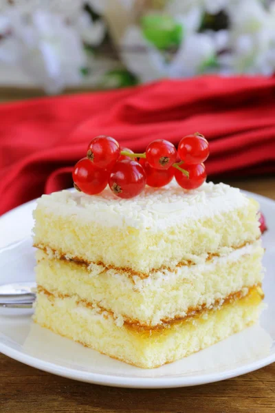 Sponge cake with white chocolate, decorated with red currant — Stock Photo, Image