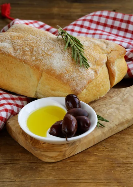 Ciabatta bread, olive and oil — Stock Photo, Image