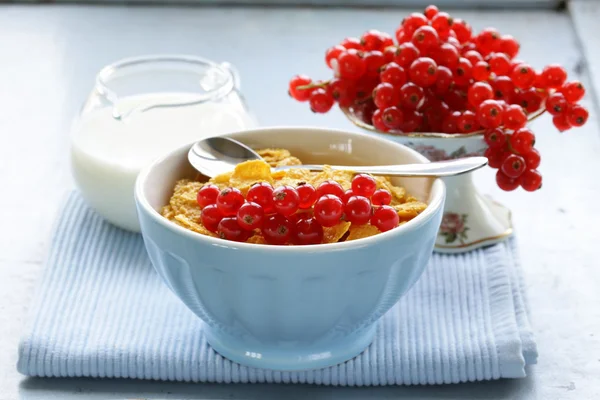Здоровий сніданок кукурудза граноли з червоною смородиною (у синій мисці ) — стокове фото