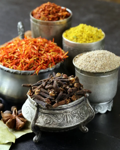 Collection of various spices (paprika, turmeric, pepper, aniseed, cinnamon, saffron) — Stock Photo, Image