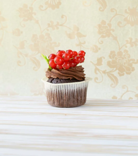 Pastel de chocolate con grosella roja en el paisaje romántico — Foto de Stock