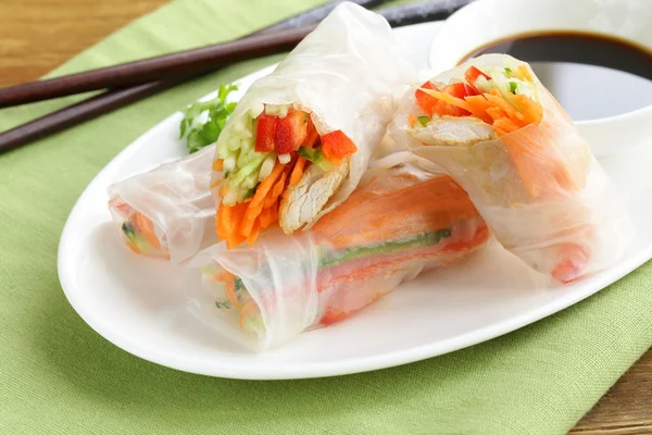 Spring rolls with vegetables and chicken on a plate — Stock Photo, Image