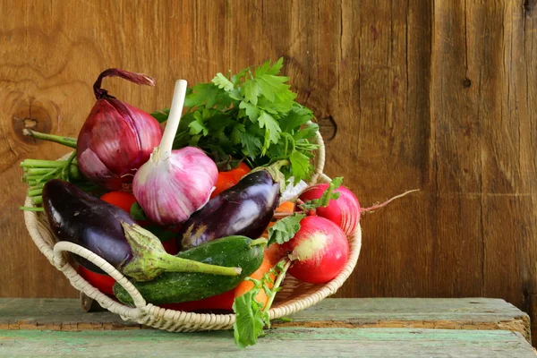 Autumn harvest vegetables (eggplant, carrots, tomatoes, garlic) — Stock Photo, Image