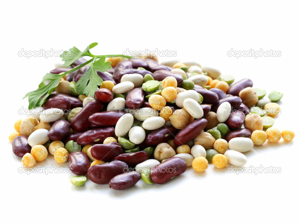 Assortment of different types of beans - red beans, chickpeas, peas