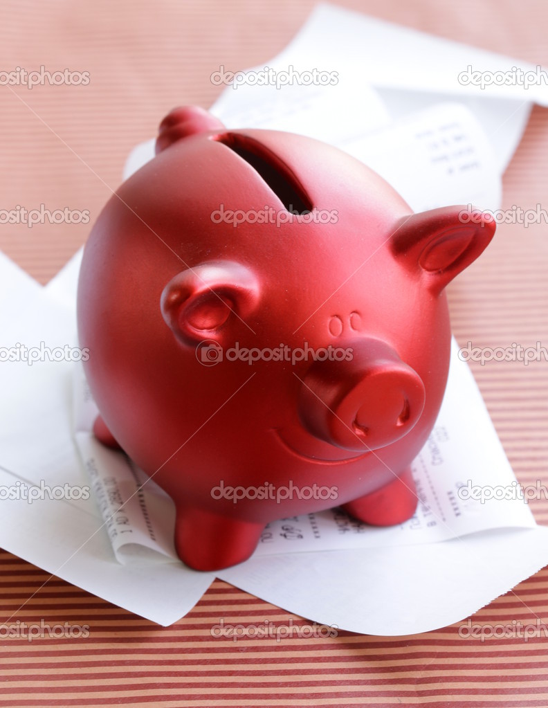 Funny red Pig Piggy with lots of receipt - saving concept