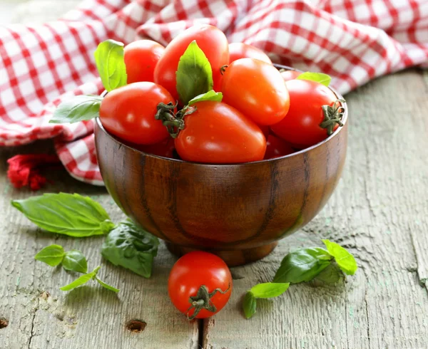 Tomates cereja com folhas de manjericão — Fotografia de Stock