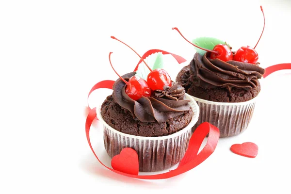 Festive (birthday, valentines day) cupcake decorated with chocolate and berries — Stock Photo, Image