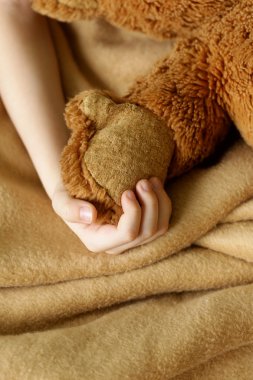 küçük çocuğun elini tutmak peluş oyuncak üzerinde bej ekose