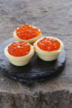 gurme tartlets taş bir plaka üzerinde kırmızı havyar ile