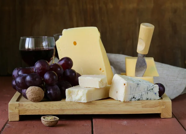 Surtido de quesos servido en una tabla de madera con uvas — Foto de Stock