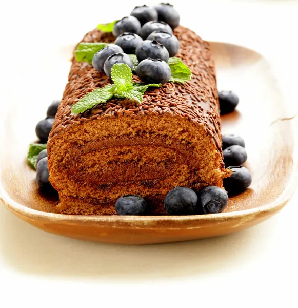 Rolo de biscoito de chocolate decorado com folhas de hortelã e mirtilos — Fotografia de Stock