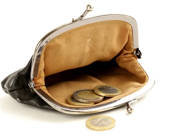 Çanta ile euro coins beyaz zemin üzerine açın. — Stok fotoğraf