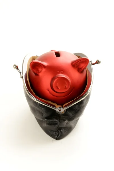 Funny Piggy Cerdo rojo con monedero a la antigua sobre fondo blanco — Foto de Stock