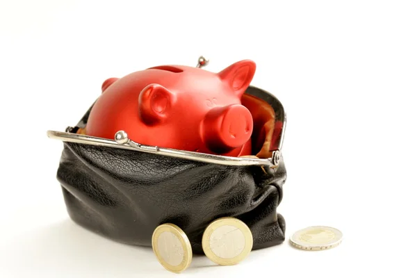 Rolig röd gris piggy med gamla hederliga handväska på vit bakgrund — Stockfoto
