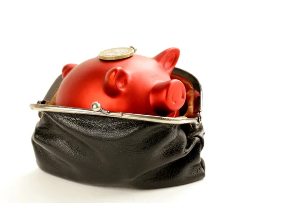 Rolig röd gris piggy med gamla hederliga handväska på vit bakgrund — Stockfoto